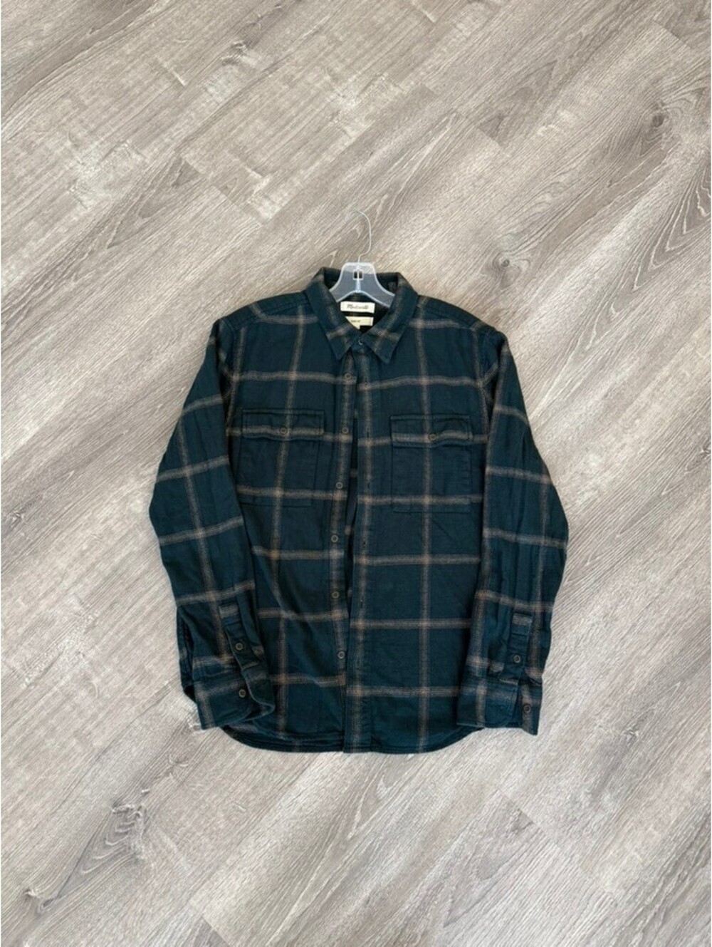 Madewell Men's Easy Fit Small Plaid Button-Up Shirt in Dark Green and Beige